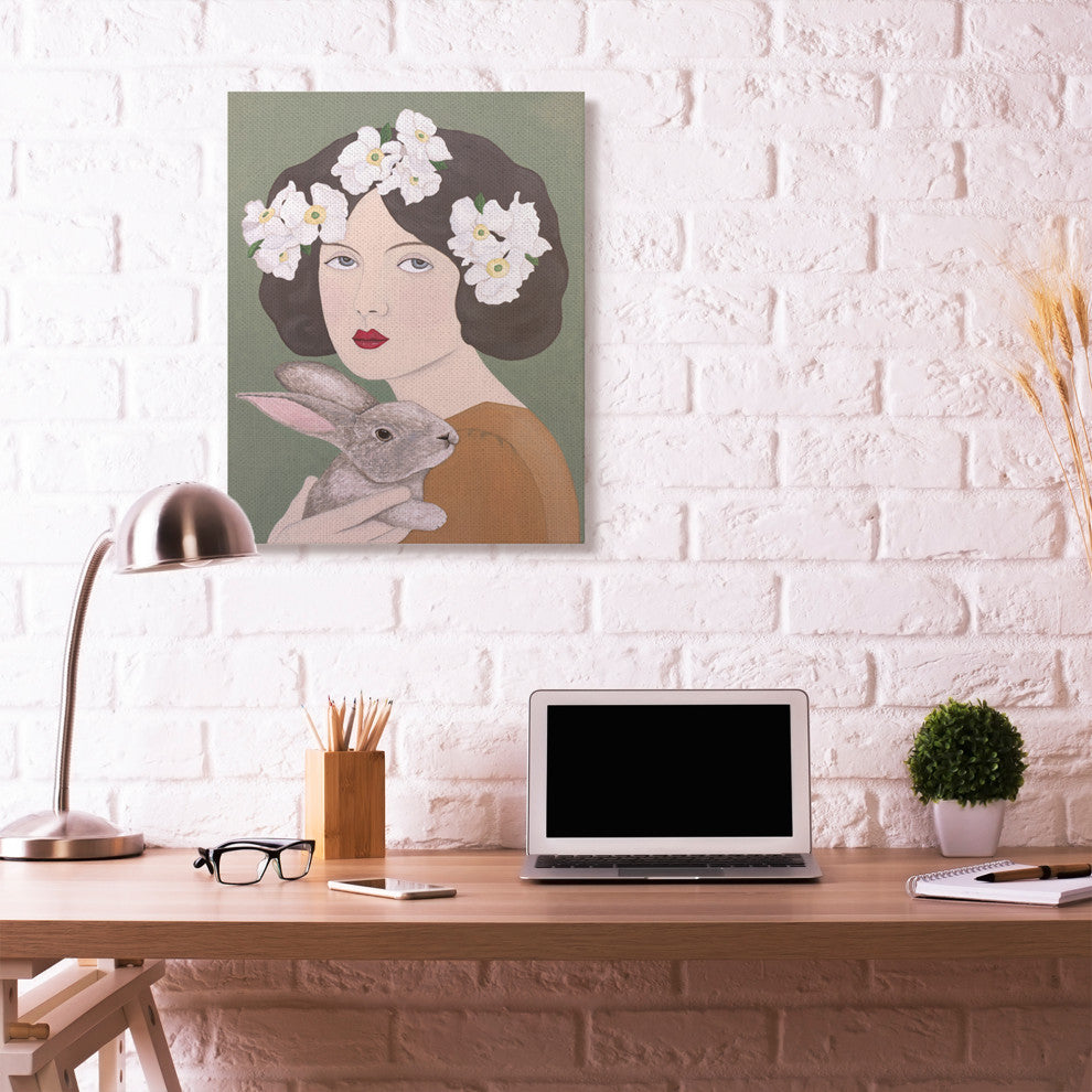 Woman And Rabbit White Flower Animal Painting, 30"x40"