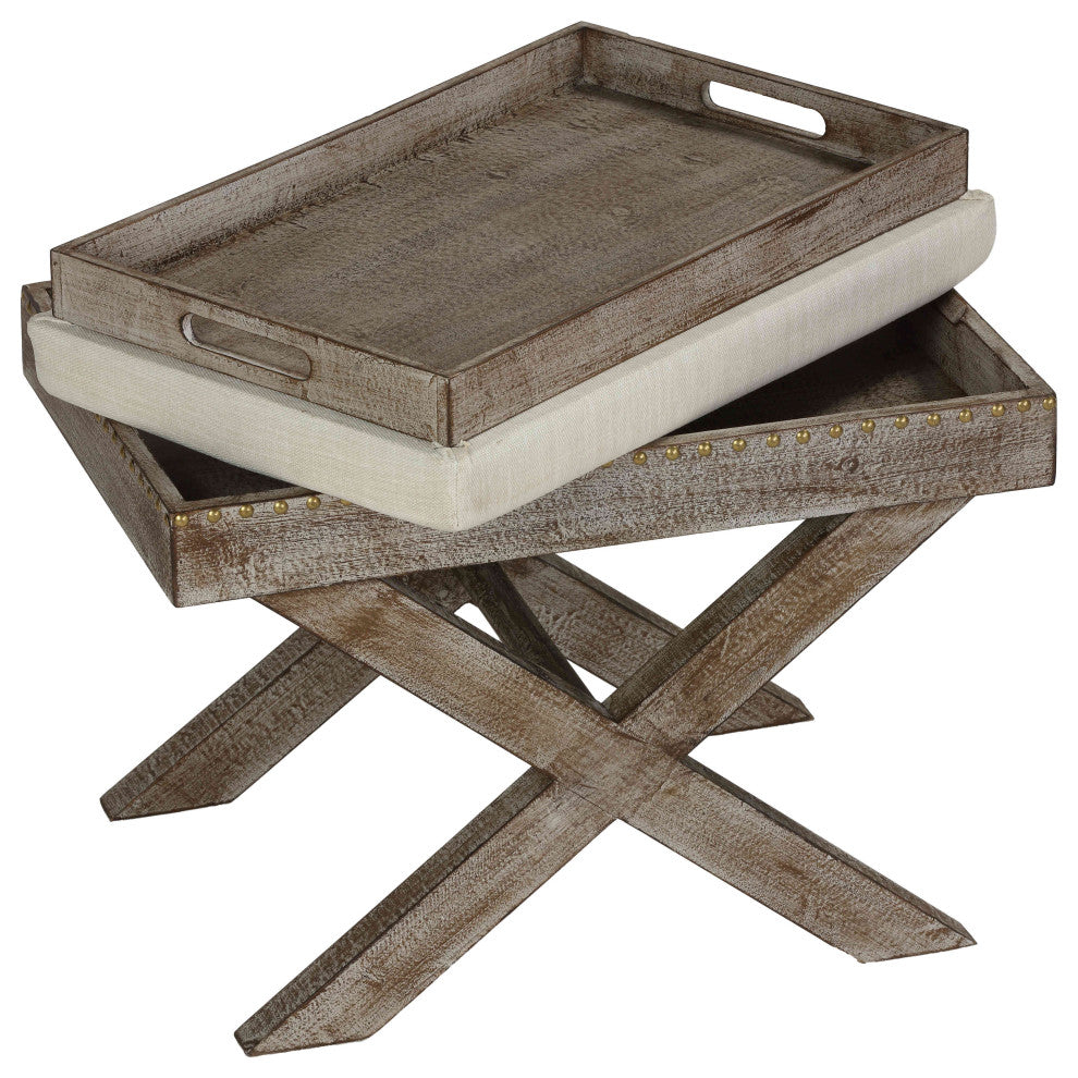 Cortesi Home Lupin Distressed Wood Tray Top Ottoman with Beige Fabric Top