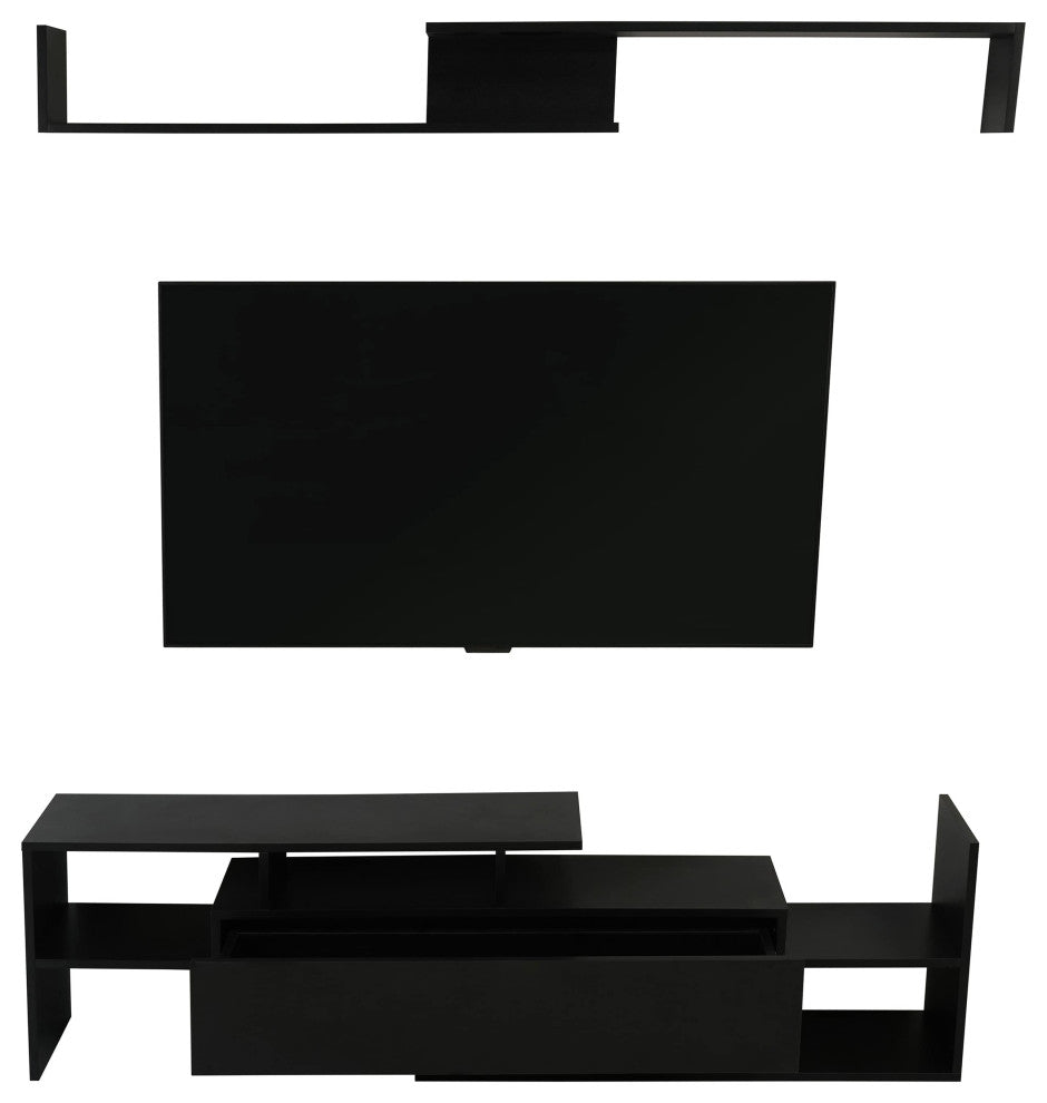 60.2'' 2 Pc 1-Drawer Floating TV Stand Media Console with Open Shelves, Ebony