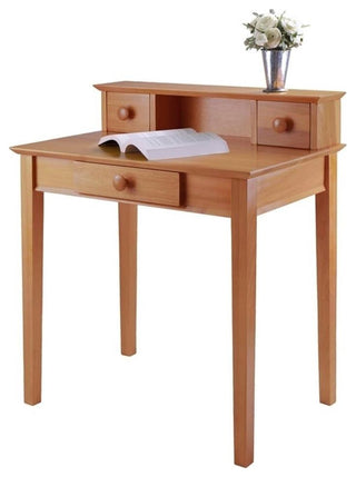 Pemberly Row Transitional Solid Wood Writing Desk with Hutch in Honey Brown