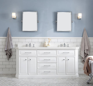 72" Palace Quartz Carrara Pure White Vanity With Hardware, Faucets in Chrome