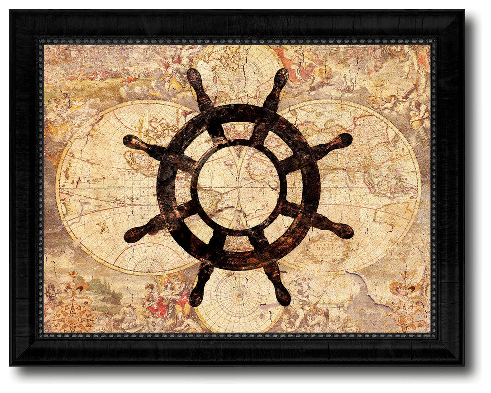 Wheel Vintage Nautical Map Print on Canvas with Picture Frame, 30" x 39"