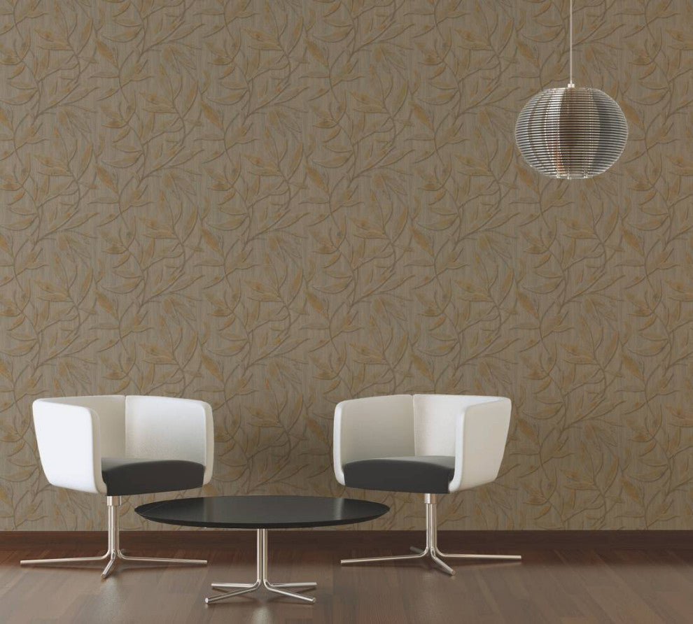 Floral Textured Wallpaper Leaves and Branches, 328805, Brown Gold, Sample