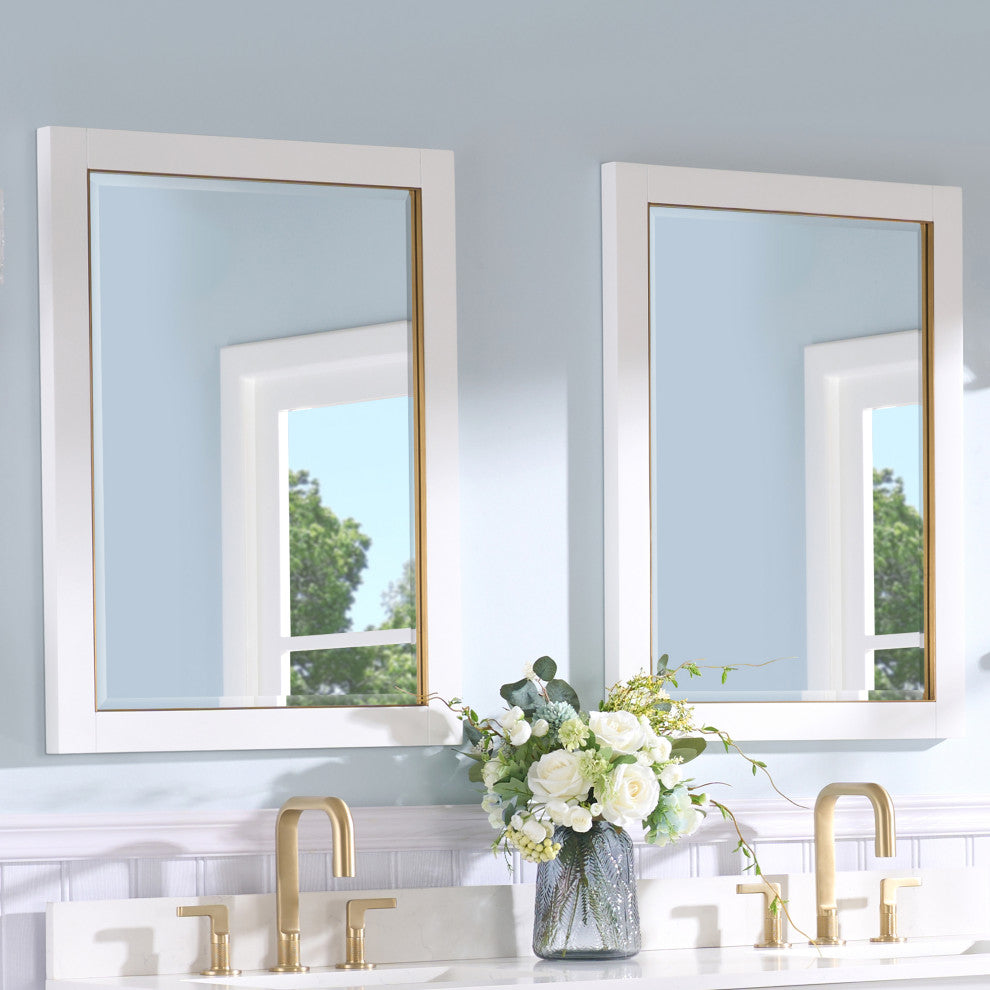Solid Wood Beleved Edge Rectangular Framed Bathroom Wall Vanity Mirror, White, 24"?x32"