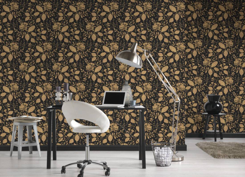 Floral Textured Wallpaper Flowers Leaves Plants, 329863, Black Gray, Sample