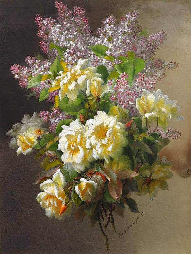 Tile Mural Still Life Bouquet Of Yellow Roses and Lilac, 6"x8", Matte