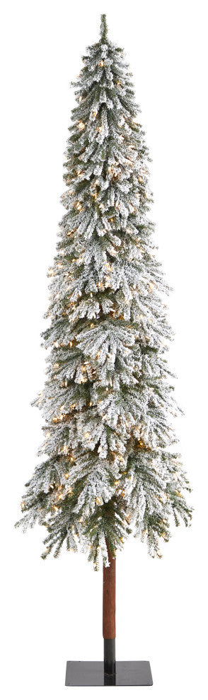 9' Flocked Grand Alpine Faux Xmas Tree W/Lights & Natural Trunk