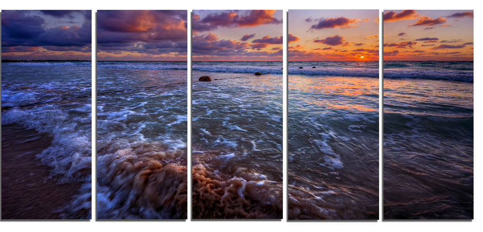 Cloudy Sky and Stormy Waves, Seashore Canvas Art Print, 60"x28", 5 Panels