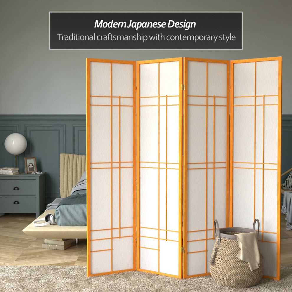 6' Tall Eudes Shoji Screen, Honey, 4 Panels