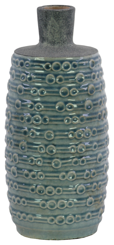 Ceramic Bottle Vase, Short Neck and Engraved Bubble Design Body, Small, Livid
