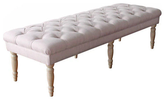 Wooden Bench with Button Tufted Fabric Upholstered Seat and Turned Legs, Cream