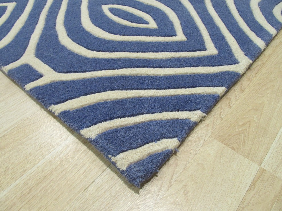 EORC Hand-tufted Wool Blue Contemporary Geometric Marla Rug, Round 7'9"x7'9"
