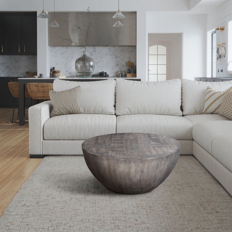 36" Round Coffee Table Handcrafted Drum Shape Mango Wood With Olive Gray Finish