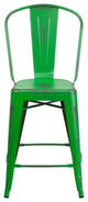 24" High Distressed Green Metal Indoor-Outdoor Counter Stool With Back