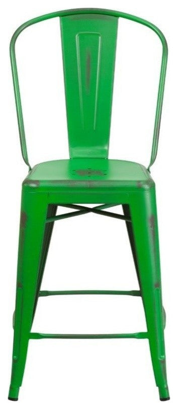 24" High Distressed Green Metal Indoor-Outdoor Counter Stool With Back