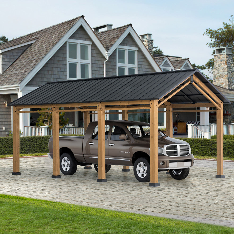Sunjoy 20''x11'' Wood Carport, Outdoor Living Pavilion, Gazebo
