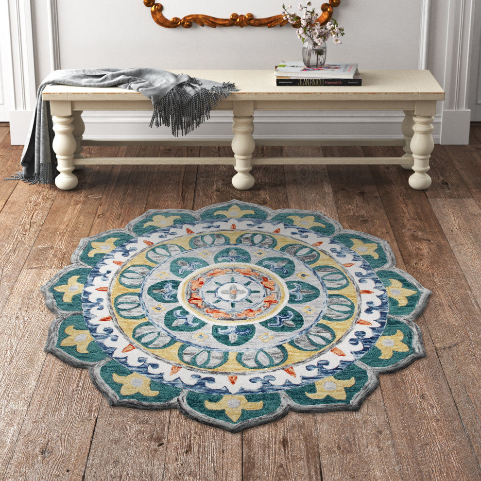Hand Hooked Radiant Mandala Medallion Round Rug, 6' Round