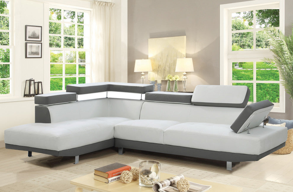 Riveredge 2 Piece Faux Leather L Shape Sectional Sofa, White and Gray