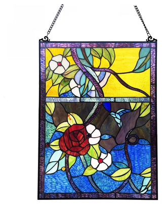 Chloe Lighting Rose Floral-Style Black Finish StainedGlass Window Panel 24" Tall
