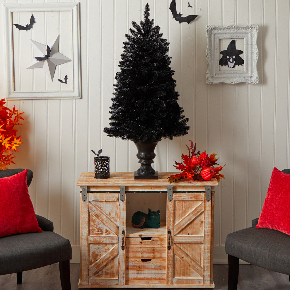 4' Black Halloween Artificial Christmas Tree, Urn With 100 Orange LED Lights