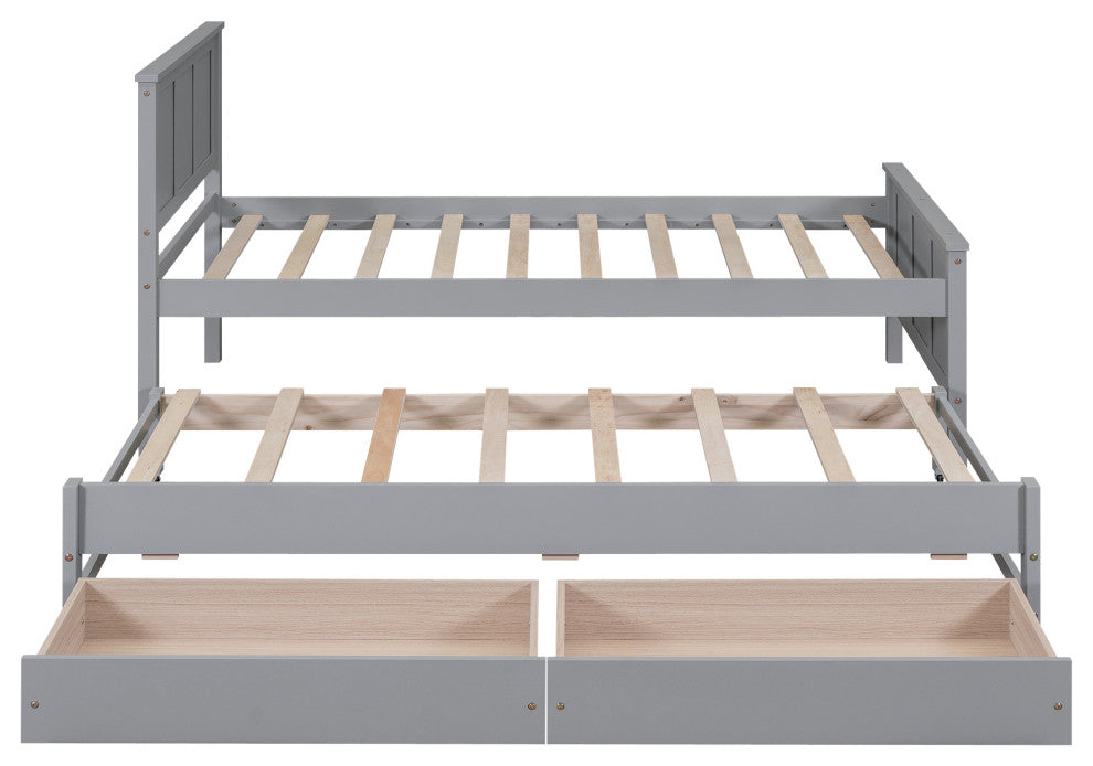 Gewnee Twin Size Platform Bed with Trundle and Drawers, Gray