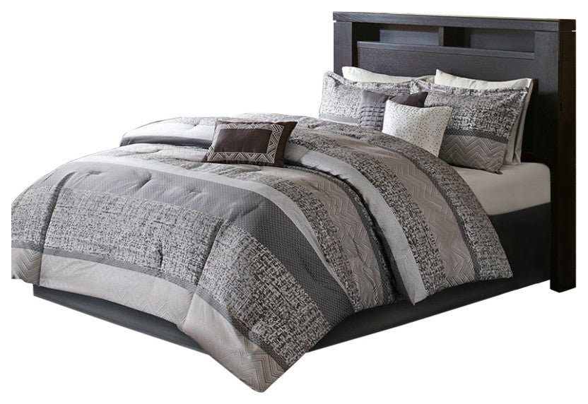 Madison Park Rhapsody Jacquard Stripe Mosaic 7-Piece Comforter Set, Grey