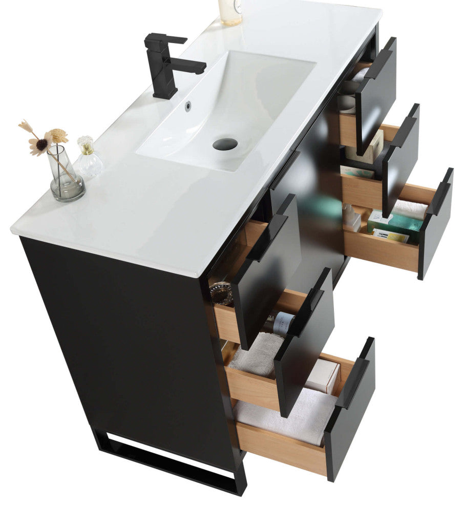 Opulence Bath Vanity, White Ceramic Sink, Black Matte, 48", Black Hardware