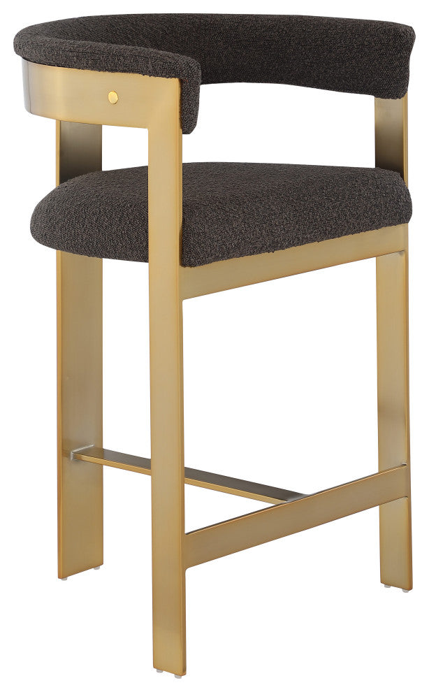 Romeo Upholstered Counter Stool, Set of 2, Brown, Boucle Fabric, Brushed Gold