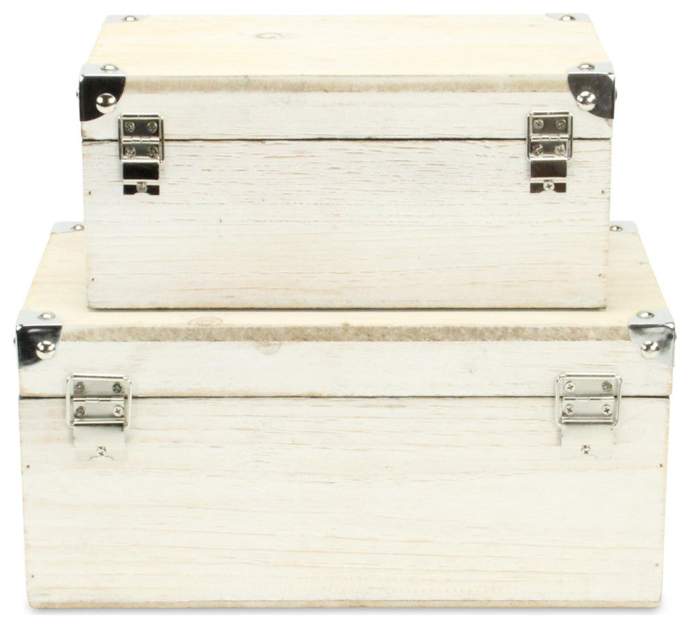 Set of 2 White Wash Wood Box With Bronze Corner Accent