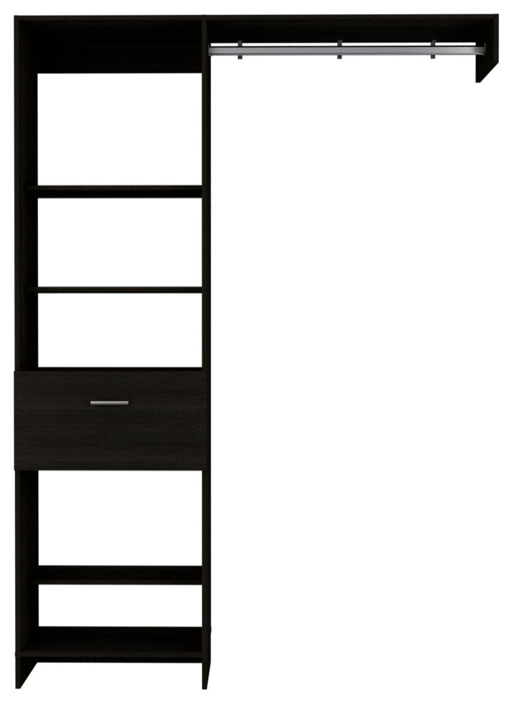 Hybrid 150 Closet System with 5 Open Shelves, 1 Drawer, and Metal Rod, Black