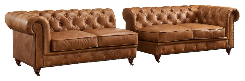 Century Chesterfield Sofa Light Brown Leather 118"