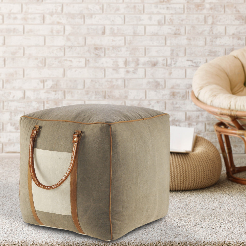 Modern Farmhouse Pouf with Leather Handles