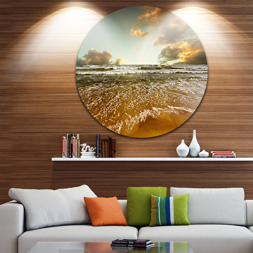 Brown Tinged Beach And Cloudy Sky, Seashore Round Metal Wall Art, 36"