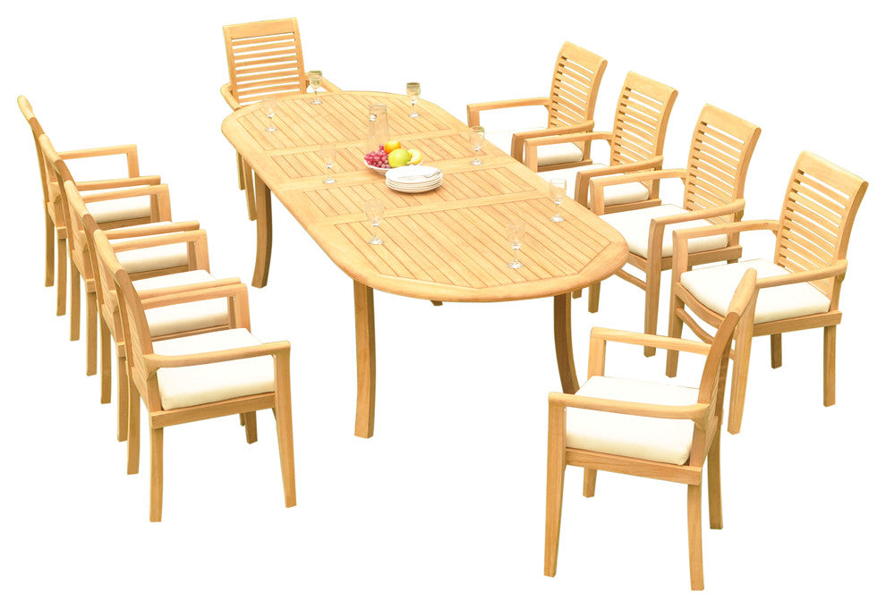 11-Piece Outdoor Teak Dining Set: 117" Oval Table, 10 Mas Stacking Arm Chairs