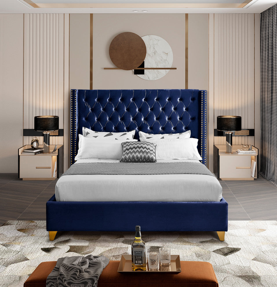 Barolo Velvet Upholstered Bed, Navy, Full