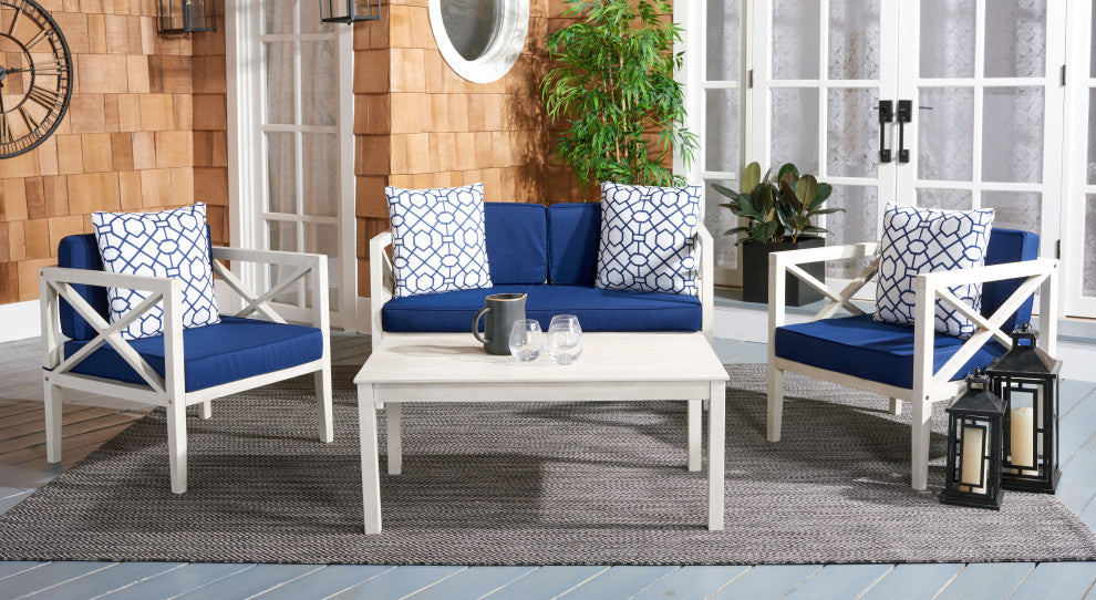 Safavieh Nunzio 4 Piece Outdoor Set with Accent Pillows White/Navy