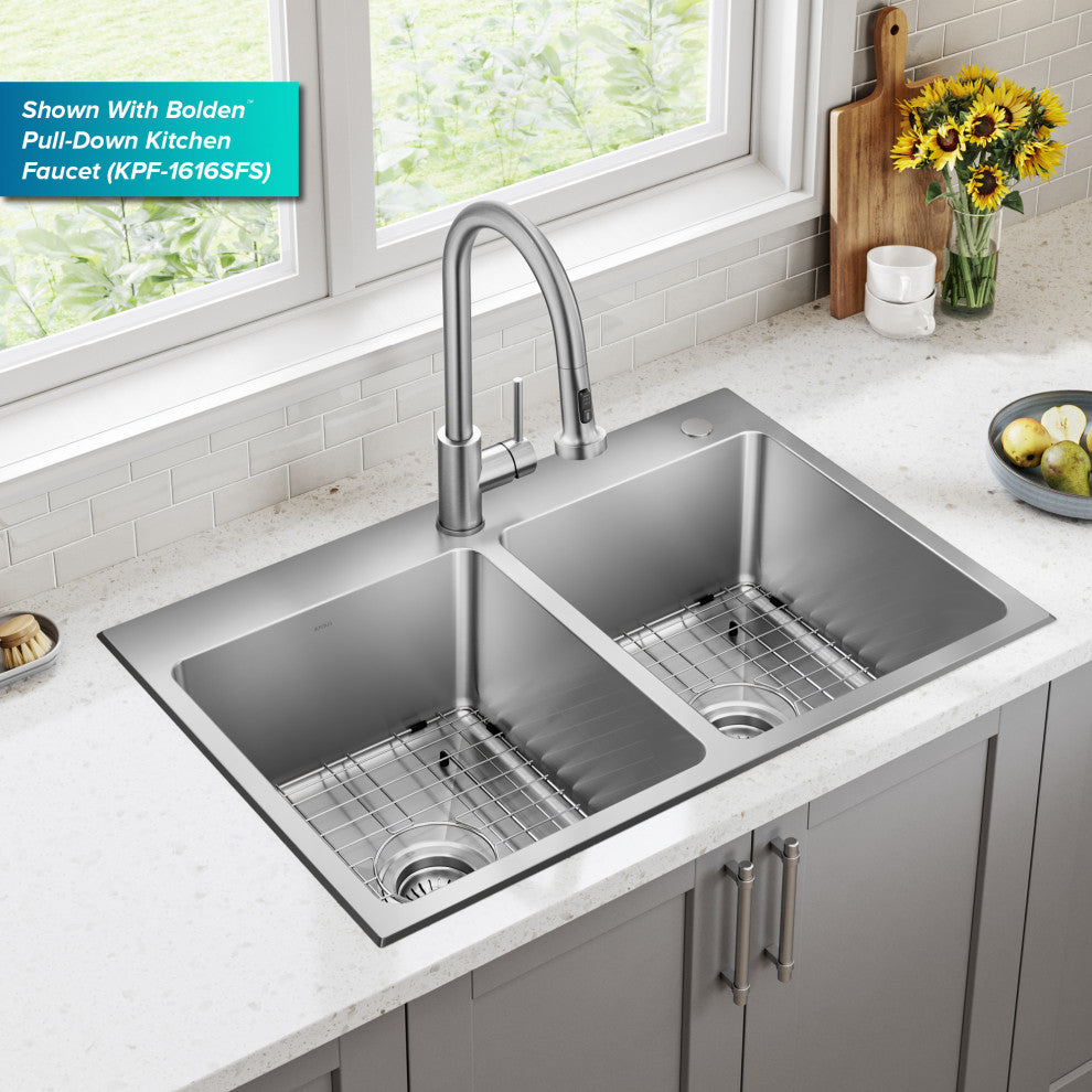 KRAUS Fairlane 33" Drop, / Top Mount 2-Bowl Stainless Steel Kitchen Sink