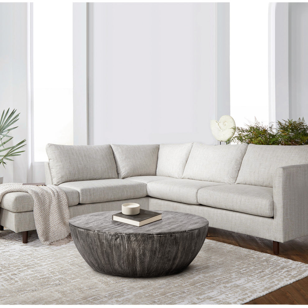 36" Coffee Table Mango Wood Round Drum Sandblasted Black Farmhouse Style