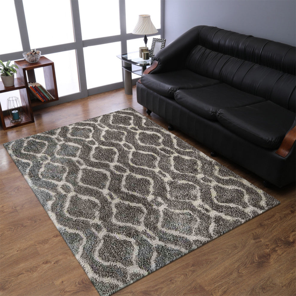 HAND TUFTED SHAG POLYESTER ECO-FRIENDLY AREA RUGS -  Gray White Color, Geometric