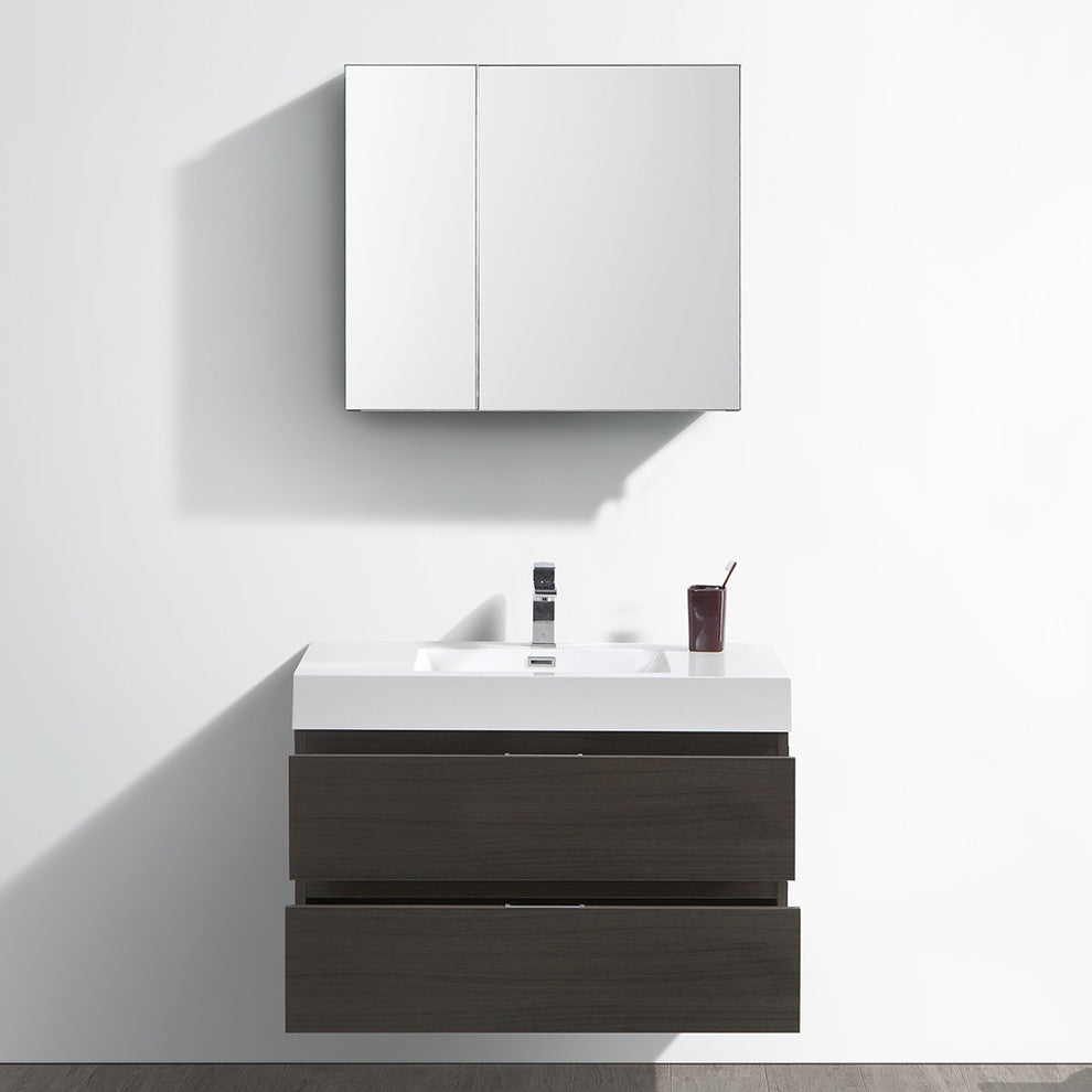 Valencia 36" Gray Oak Wall Hung Bathroom Vanity Set, Cabinet, Faucet, FFT9151CH