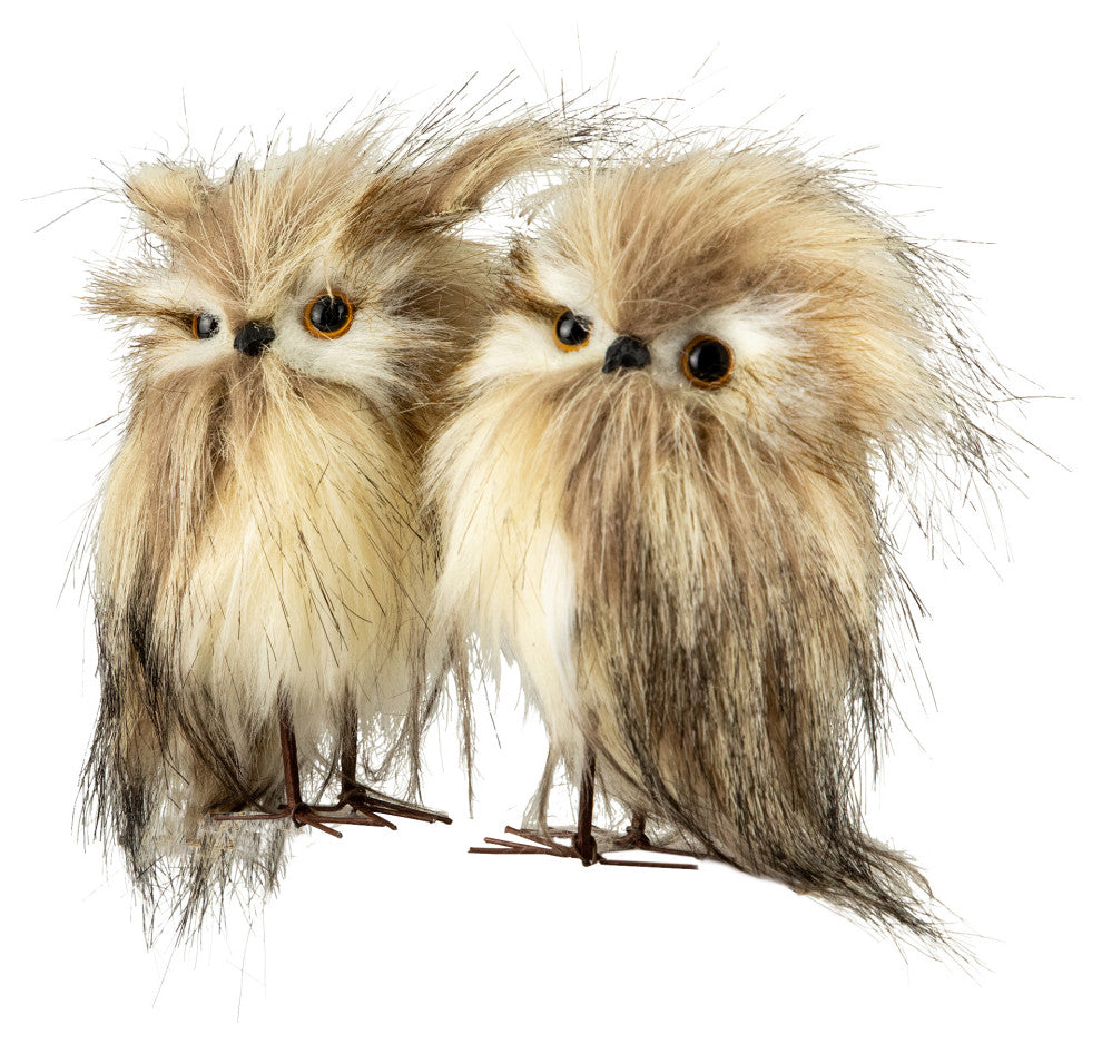Set of 2 Brown and Ivory Plush Owls Christmas Figures