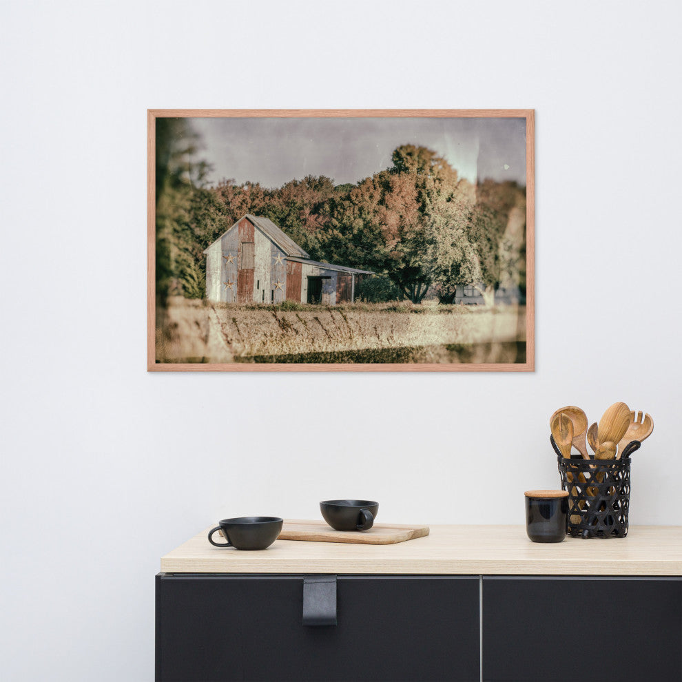 Patriotic Weathered Barn in Field Glass Plate Framed Photo Paper Wall Art Prints, Red Oak, 24" X 36"