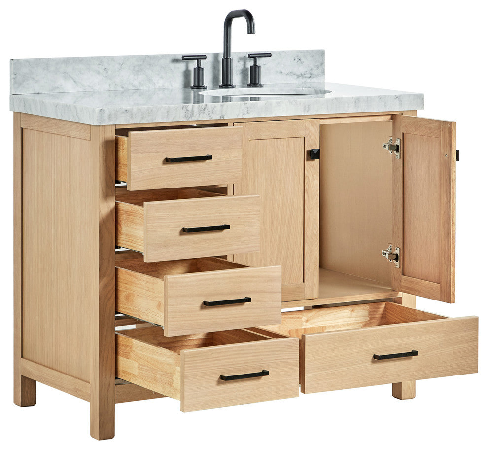 Cambridge 42" Single Bath Vanity With Italian Carrara Marble Top, Oak