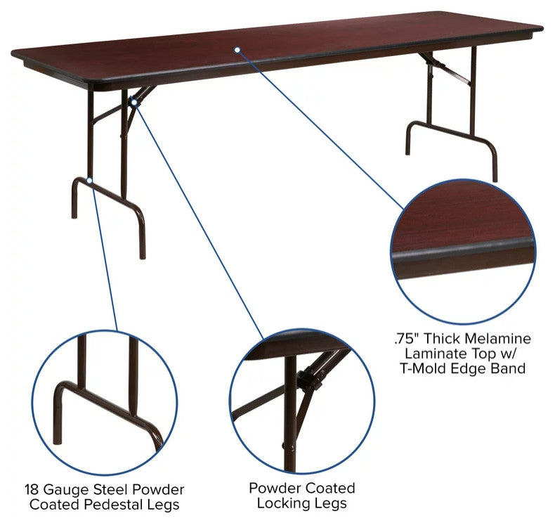Large Folding Table, Y-Shaped Metal Legs With Rectangular Laminated Mahogany Top