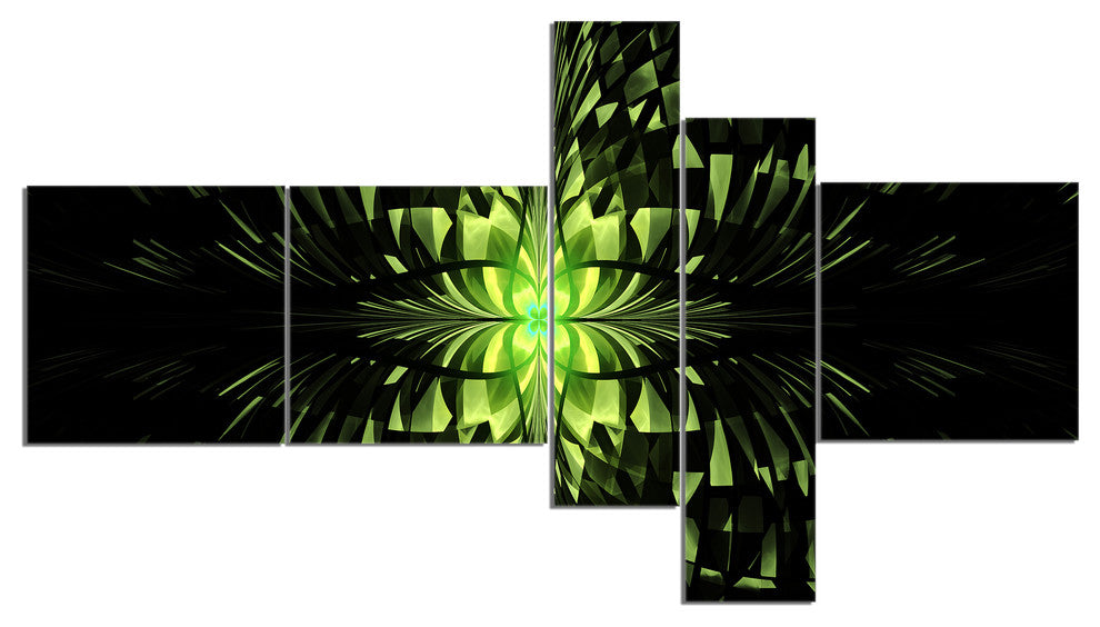 Green Butterfly Pattern on Black, Abstract Wall Art Canvas, 60"x32", 5 panels