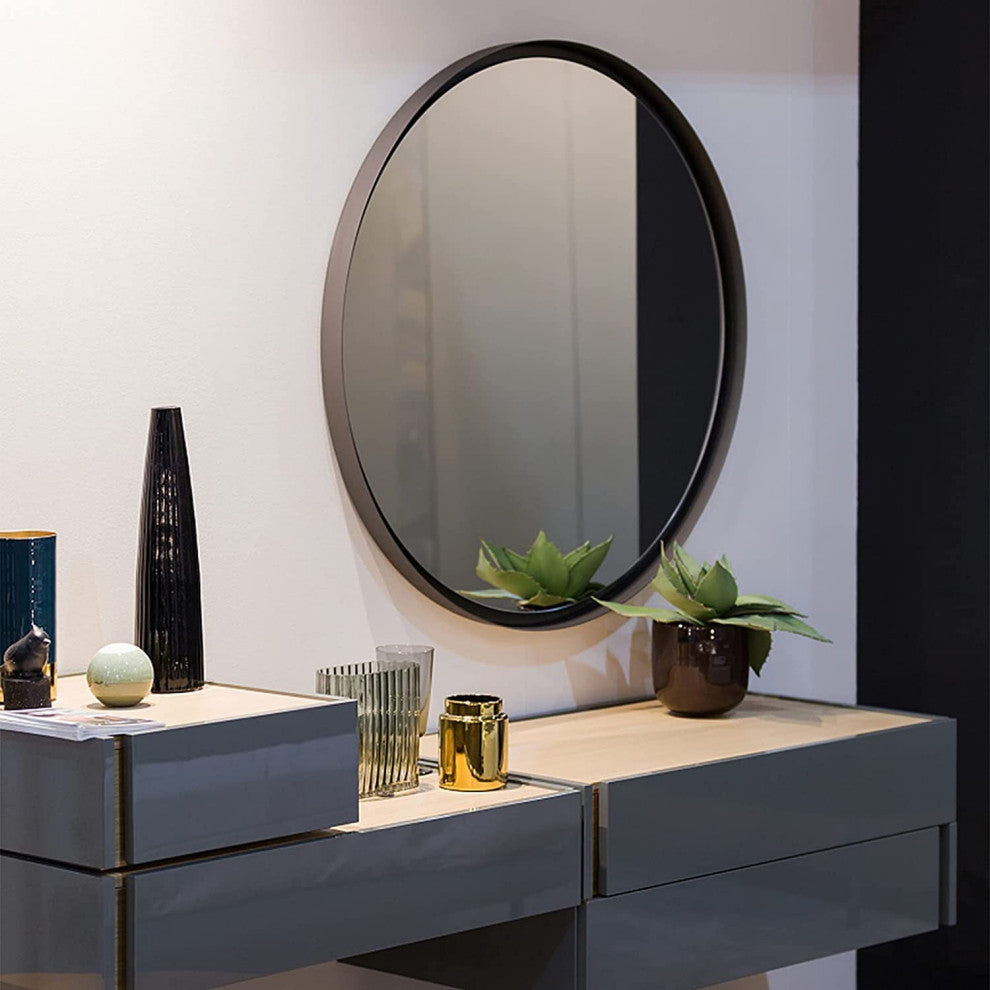 Round Aluminium Framed Wall Mounted Mirror in Black, Black, 24"