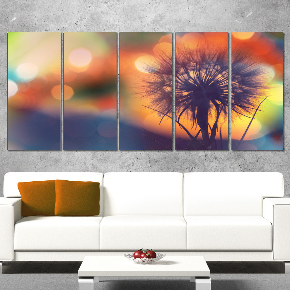 Dandelion Flower on Orange Background, Floral Canvas Print, 60"x28", 5 Panels