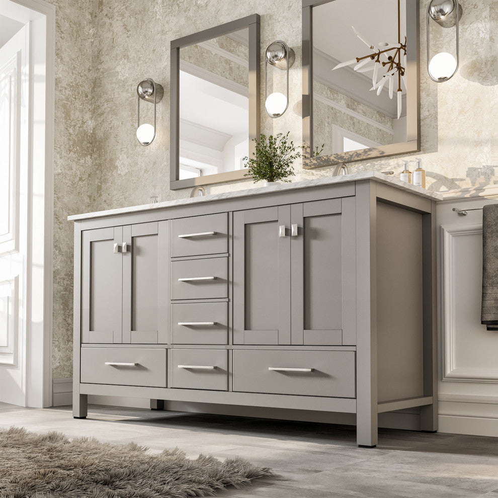 Eviva Aberdeen Gray Transitional Double Sink Vanity With White Carrara Top, 72"