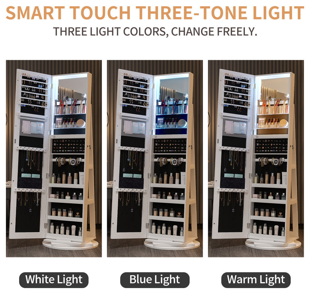 Lockable Swivel Mirrored Jewelry Cabinet Storage w/Stand & Dimmable LED Lights, White