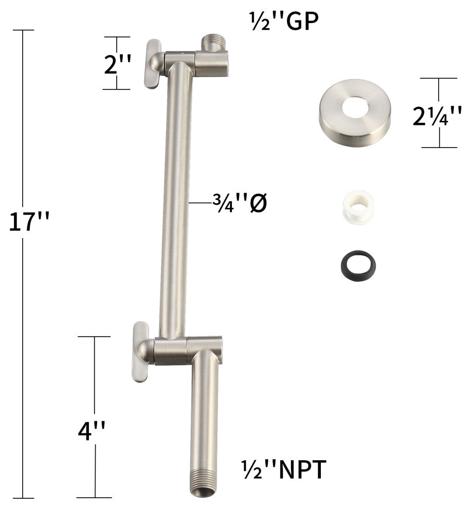 17" Adjustable Rain Shower Arm, Satin Nickel